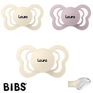 BIBS Couture Sutter med navn str2, 2 Ivory, 1 Dusky Lilac, Anatomisk Silikone, Pakke med 3 sutt
